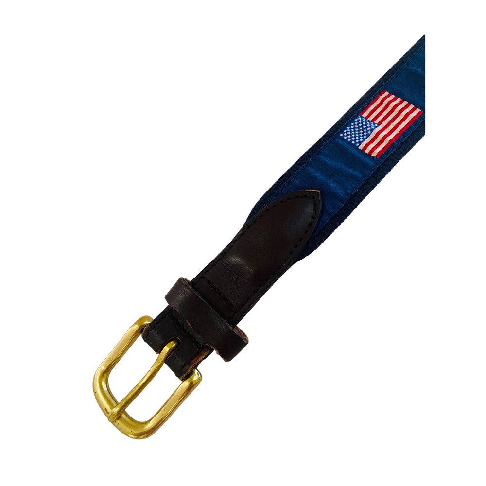 Vineyard Vines American Flag Canvas Belt Navy Blue Leather Trim Size 26